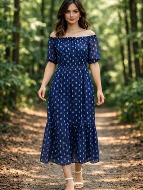LOFT Navy Metallic Clip Dot Off Shoulder Midi Dress XS Boho Tiered Cottagecore